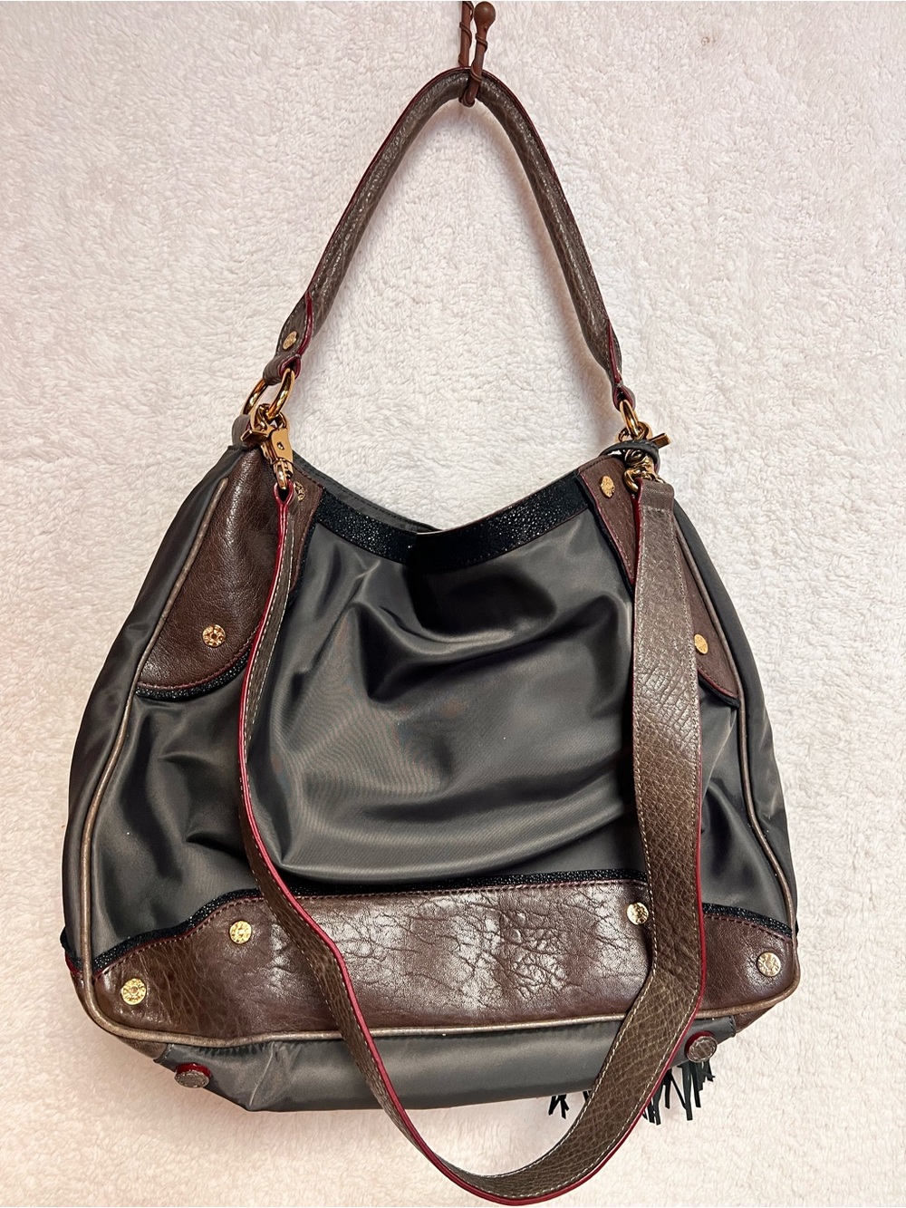 MZ Wallace Gray Nylon & Brown Leather Shoulder Bag with Tassel - Picture 2 of 8